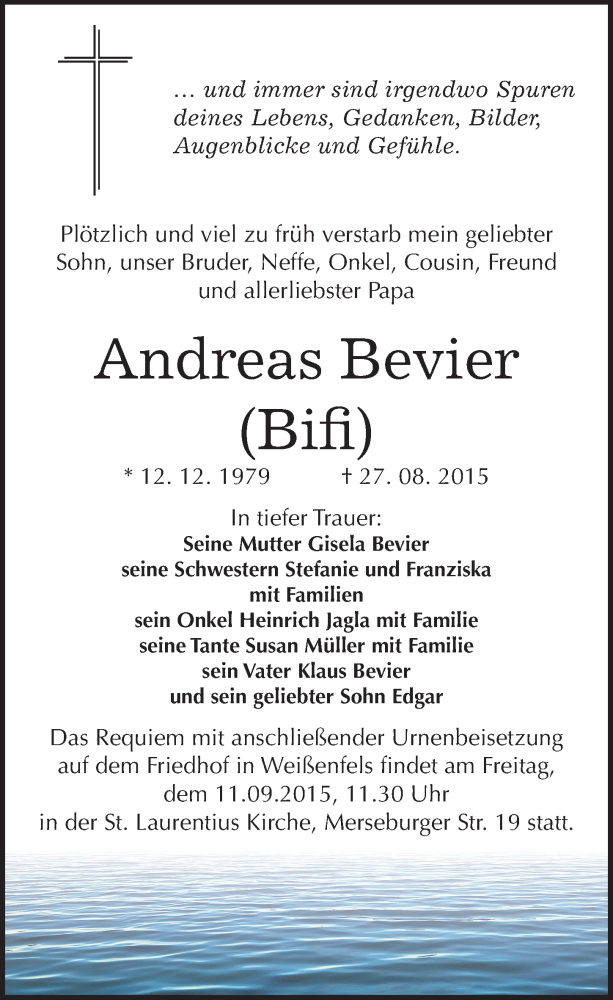  Traueranzeige für Andreas Bevier vom 05.09.2015 aus Mitteldeutsche Zeitung Weißenfels