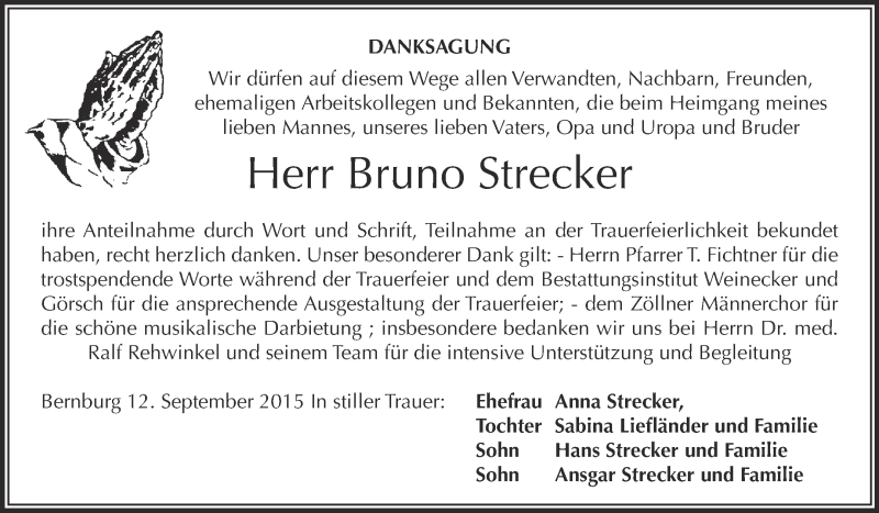  Traueranzeige für Bruno Strecker vom 19.09.2015 aus Super Sonntag Bernburg