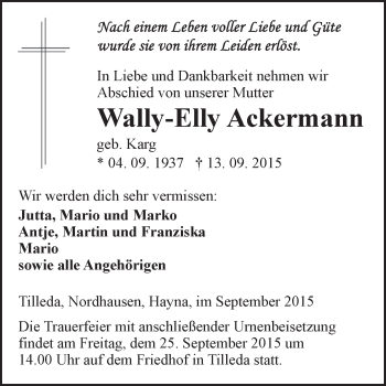 Traueranzeige von Wally-Elly Ackermann von WVG - Wochenspiegel SGH