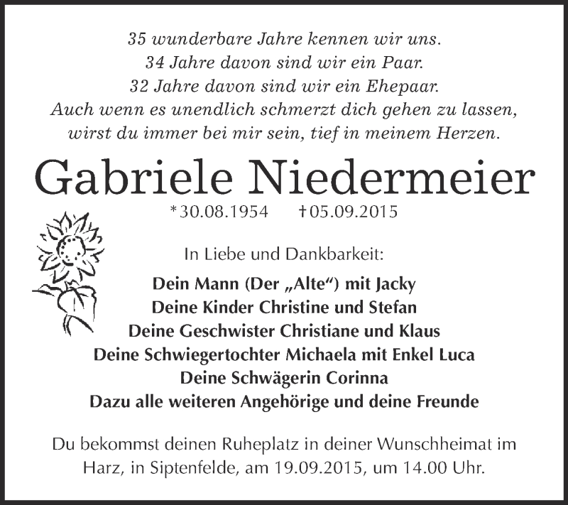  Traueranzeige für Gabriele Niedermeier vom 19.09.2015 aus WVG - Wochenspiegel Quedlinburg