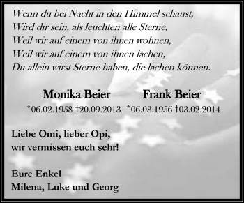 Traueranzeige von Monika und Frank Beier von WVG - Wochenspiegel Dessau / Köthen
