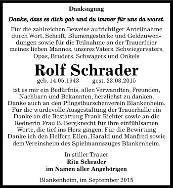 Traueranzeige von Rolf Schrader von Mitteldeutsche Zeitung Sangerhausen