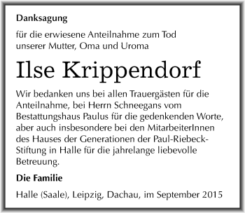 Traueranzeige von Ilse Krippendorf von Mitteldeutsche Zeitung Halle/Saalkreis