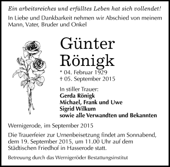 Traueranzeige von Günter Rönigk von Mitteldeutsche Zeitung Sangerhausen