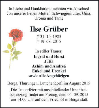 Traueranzeige von Ilse Grüber von Mitteldeutsche Zeitung Sangerhausen