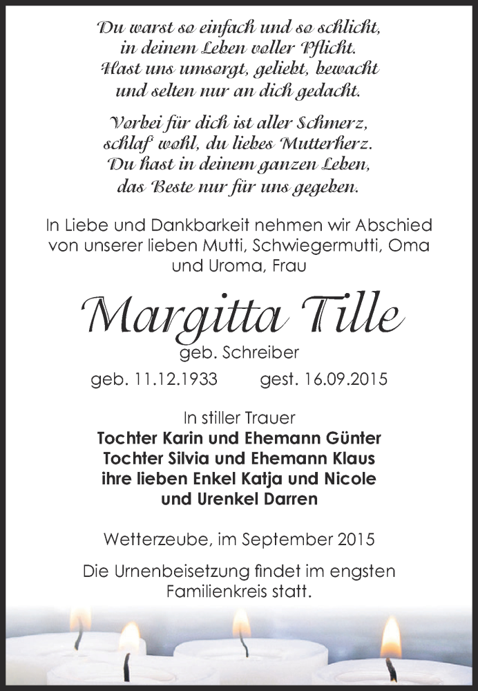  Traueranzeige für Margitta Tille vom 26.09.2015 aus Super Sonntag Zeitz