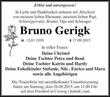 Traueranzeige von Bruno Gerigk von WVG - Wochenspiegel Dessau / Köthen