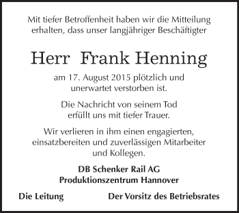 Traueranzeige von Frank Henning von Super Sonntag Bernburg