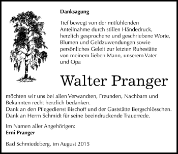 Traueranzeige von Walter Pranger von Mitteldeutsche Zeitung Wittenberg