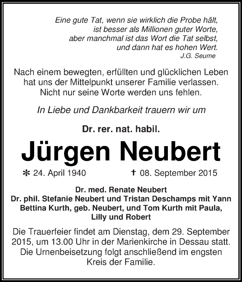  Traueranzeige für Jürgen Neubert vom 12.09.2015 aus WVG - Wochenspiegel Dessau / Köthen