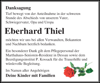 Traueranzeige von Eberhard Thiel von WVG - Wochenspiegel Dessau / Köthen