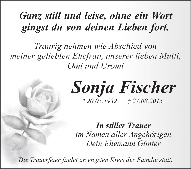  Traueranzeige für Sonja Fischer vom 05.09.2015 aus WVG - Wochenspiegel Dessau / Köthen