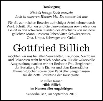 Traueranzeige von Gottfried Billich von Mitteldeutsche Zeitung Sangerhausen