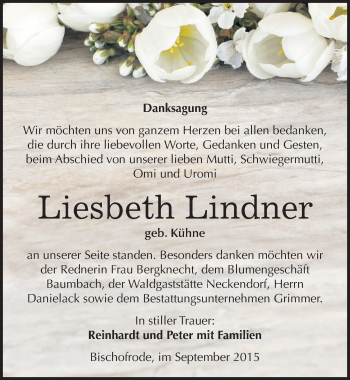 Traueranzeige von Liesbeth Lindner von Mitteldeutsche Zeitung Mansfelder Land