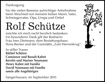 Traueranzeige von Rolf Schütze von Super Sonntag SGH Mansf. Land