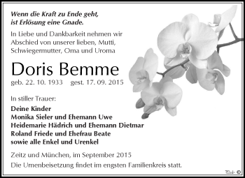 Traueranzeige von Doris Bemme von Super Sonntag Zeitz