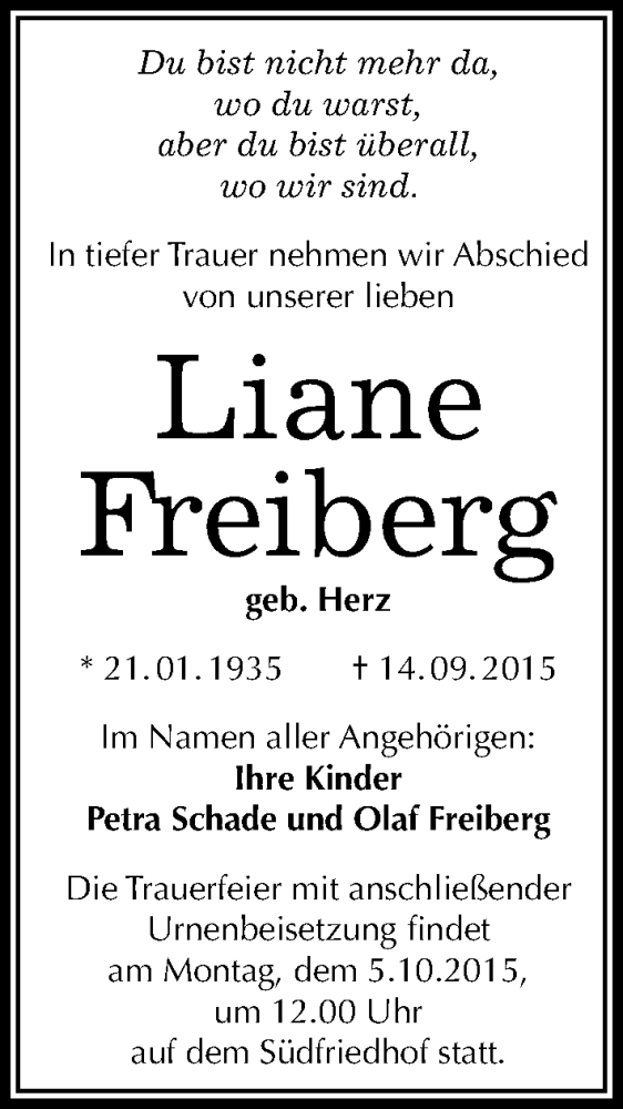  Traueranzeige für Liane Freiberg vom 19.09.2015 aus Mitteldeutsche Zeitung Halle/Saalkreis