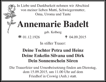 Traueranzeige von Annemarie Badelt von WVG - Wochenspiegel Dessau / Köthen