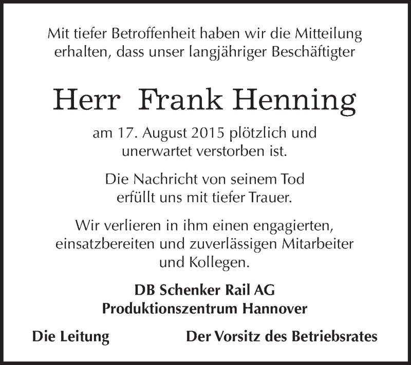 Traueranzeige für Frank Henning vom 12.09.2015 aus Super Sonntag Bernburg
