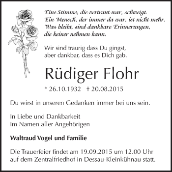 Traueranzeige von Rüdiger Flohr von WVG - Wochenspiegel Dessau / Köthen