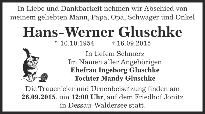  Traueranzeige für Hans-Werner Gluschke vom 23.09.2015 aus WVG - Wochenspiegel Dessau / Köthen