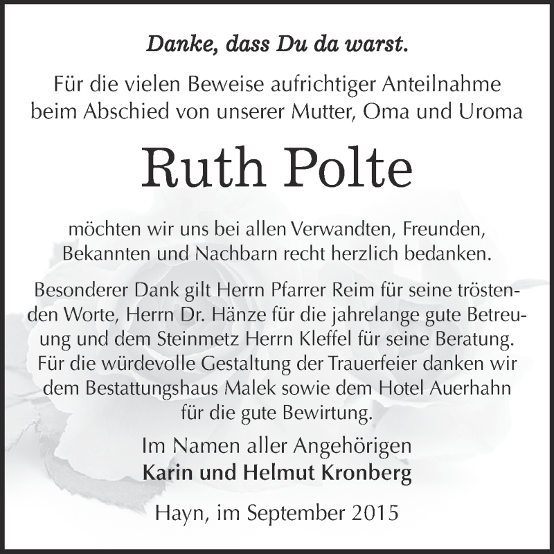  Traueranzeige für Ruth Polte vom 05.09.2015 aus Super Sonntag SGH Mansf. Land