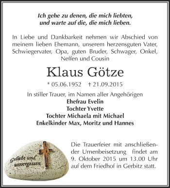 Traueranzeige von Klaus Götze von Super Sonntag Bernburg