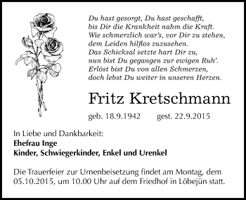 Traueranzeige von Fritz Kretschmann von Mitteldeutsche Zeitung Halle/Saalkreis