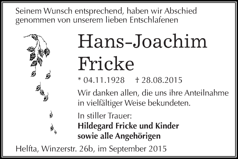  Traueranzeige für Hans-Joachim Fricke vom 23.09.2015 aus Wochenspiegel Mansfelder Land