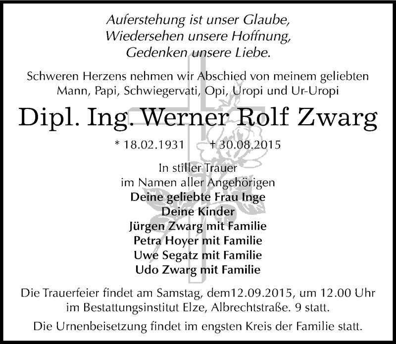  Traueranzeige für Werner Rolf Zwarg vom 05.09.2015 aus Mitteldeutsche Zeitung Bitterfeld