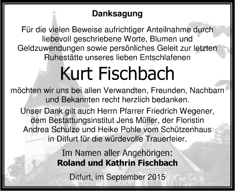  Traueranzeige für Kurt Fischbach vom 12.09.2015 aus Mitteldeutsche Zeitung Quedlinburg