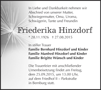 Traueranzeige von Friederika Hinzdorf von Super Sonntag Bernburg