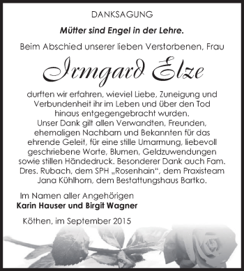 Traueranzeige von Irmgard Elze von WVG - Wochenspiegel Dessau / Köthen