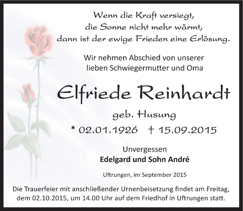  Traueranzeige für Elfriede Reinhardt vom 26.09.2015 aus Mitteldeutsche Zeitung Sangerhausen