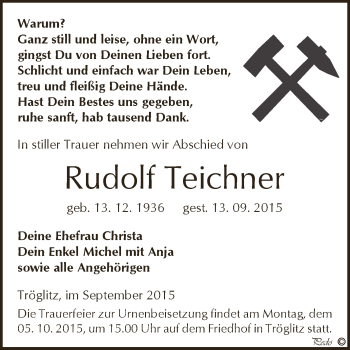 Traueranzeige von Rudolf Teichner von Super Sonntag Zeitz