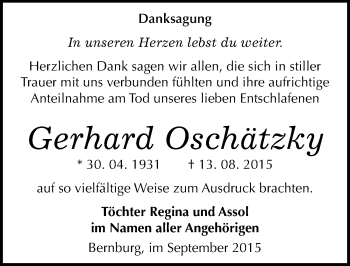 Traueranzeige von Gerhard Oschätzky von Mitteldeutsche Zeitung Bernburg