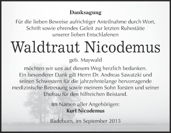 Traueranzeige von Waldtraut Nicodemus von Super Sonntag Quedlinburg