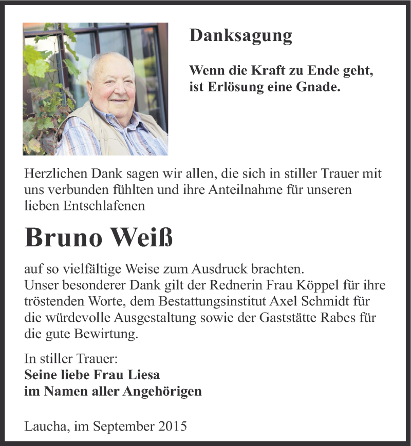  Traueranzeige für Bruno Weiß vom 26.09.2015 aus Mitteldeutsche Zeitung Naumburg/Nebra