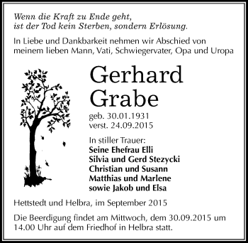 Traueranzeige von Gerhard Grabe von Mitteldeutsche Zeitung Mansfelder Land