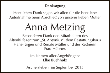 Traueranzeige von Anna Metzing von Super Sonntag Aschersleben
