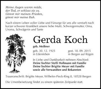 Traueranzeige von Gerda Koch von Super Sonntag SGH Mansf. Land