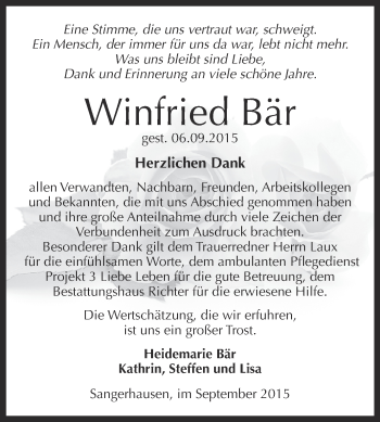 Traueranzeige von Winfried Bär von Super Sonntag SGH Mansf. Land