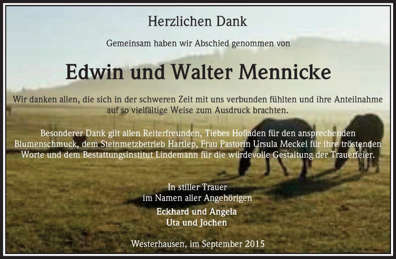  Traueranzeige für Edwin und Walter Mennicke vom 19.09.2015 aus Super Sonntag Quedlinburg