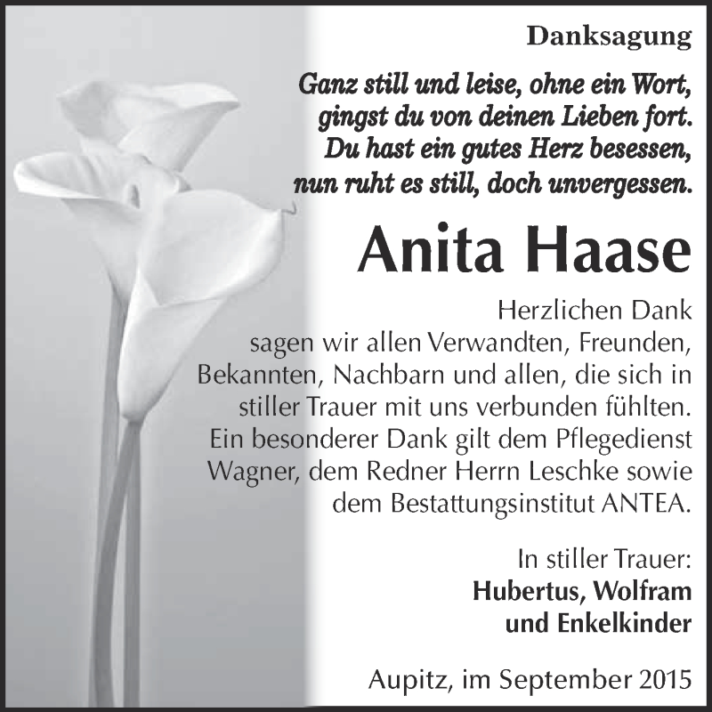  Traueranzeige für Anita Haase vom 02.09.2015 aus WVG - Wochenspiegel NMB / WSF / ZTZ