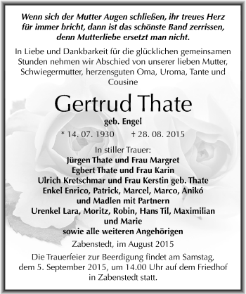 Traueranzeige von Gertrud Thate von Mitteldeutsche Zeitung Mansfelder Land