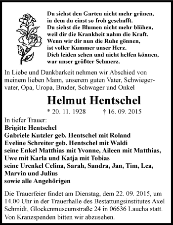 Traueranzeige von Helmut Hentschel von Mitteldeutsche Zeitung Naumburg/Nebra