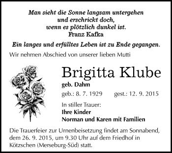 Traueranzeige von Brigitta Klube von WVG - Wochenspiegel Merseburg