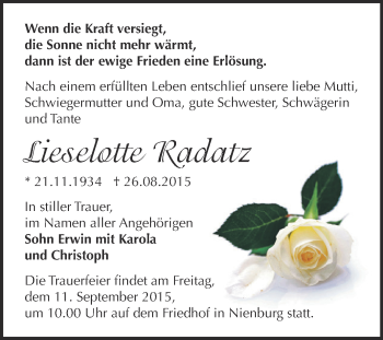 Traueranzeige von Lieselotte Radatz von Super Sonntag Bernburg