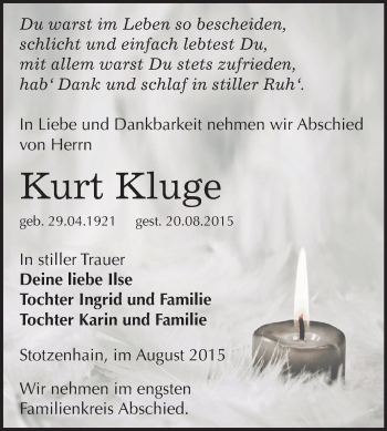 Traueranzeige von Kurt Kluge von Super Sonntag Zeitz