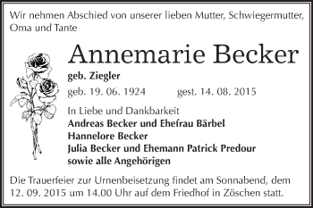 Traueranzeige von Annemarie Becker von WVG - Wochenspiegel Merseburg